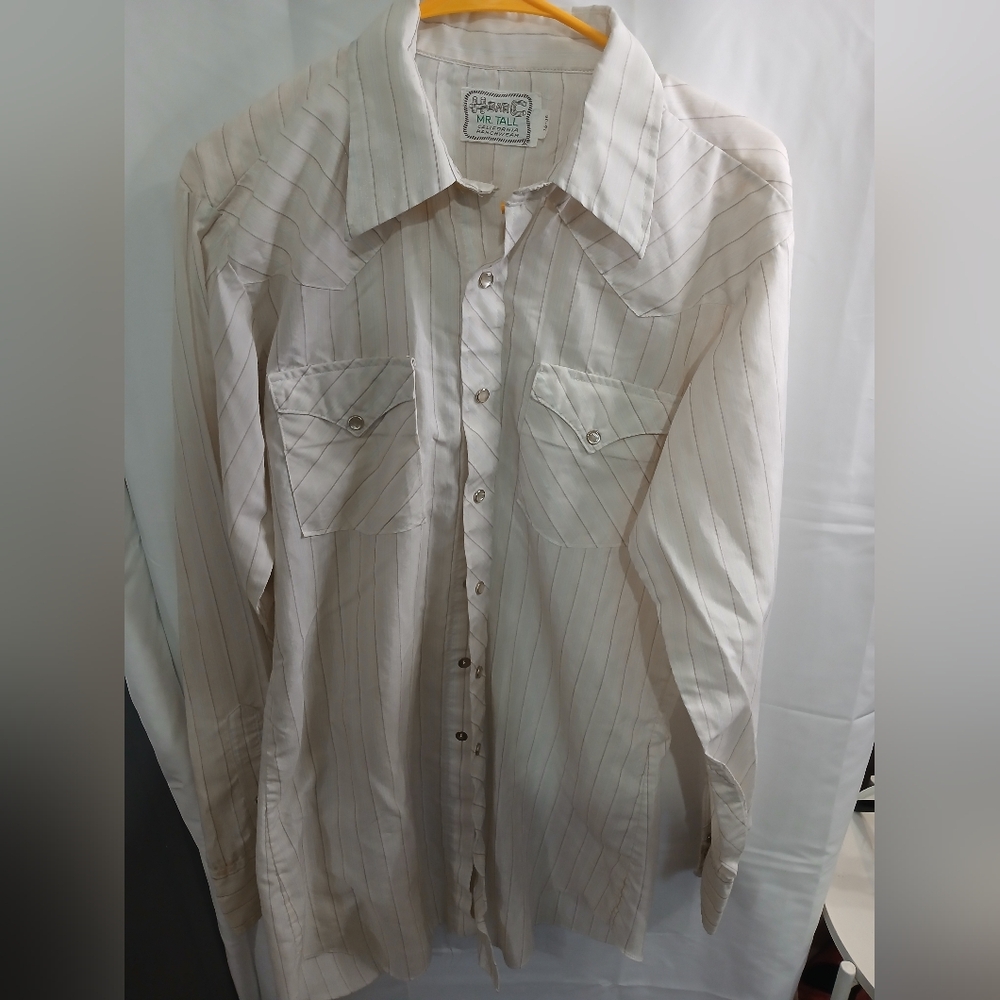 Men's Cream Button-Up Dress Shirt with Thin Brown Pinstripes